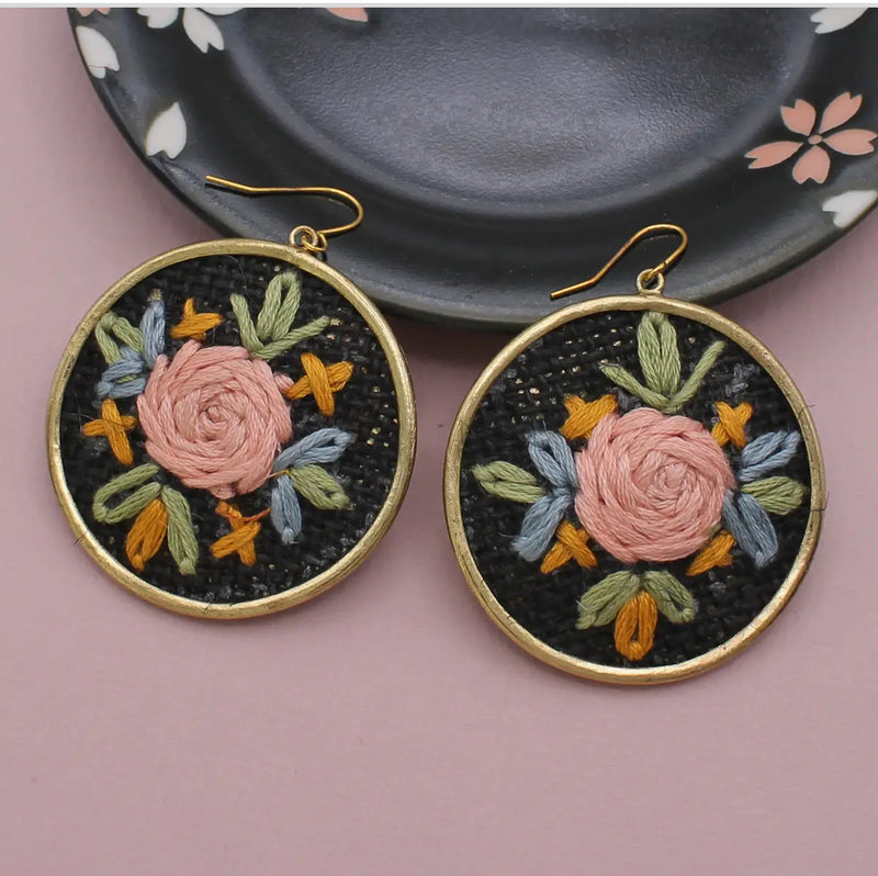 Black Floral Cross Stitch Gold Earrings