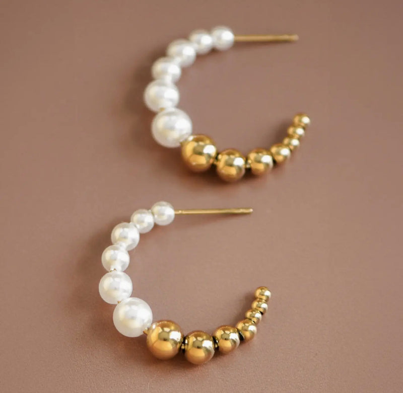 18K Gold Dipped Stainless Steel Beaded Hoop Earrings with Pearls